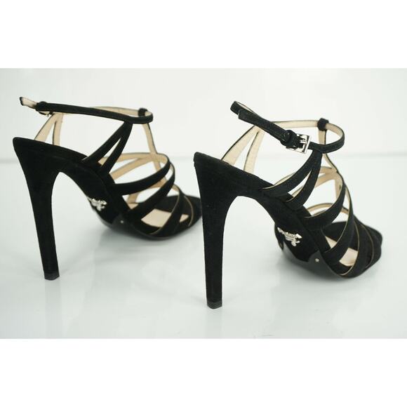 Prada Strappy Black Suede Strappy High Heel Cage Sandals Ankle Strap - Picture 10 of 10